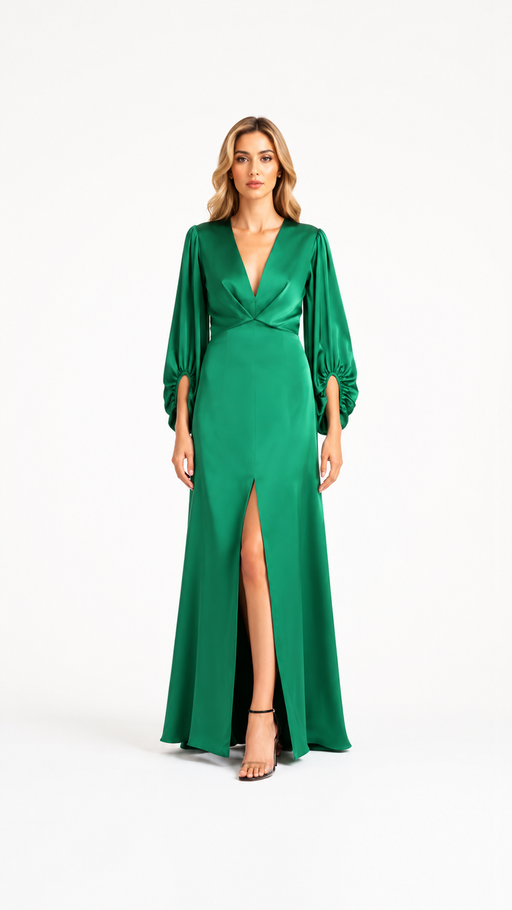 Emerald Satin Ruched Sleeve Evening Dress – EVARÉNE