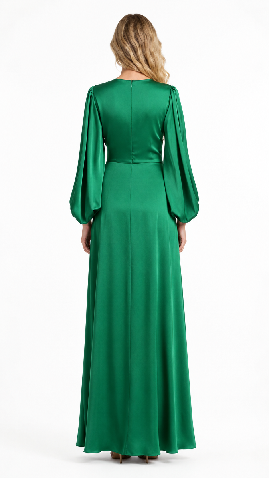 Emerald Satin Ruched Sleeve Evening Dress – EVARÉNE