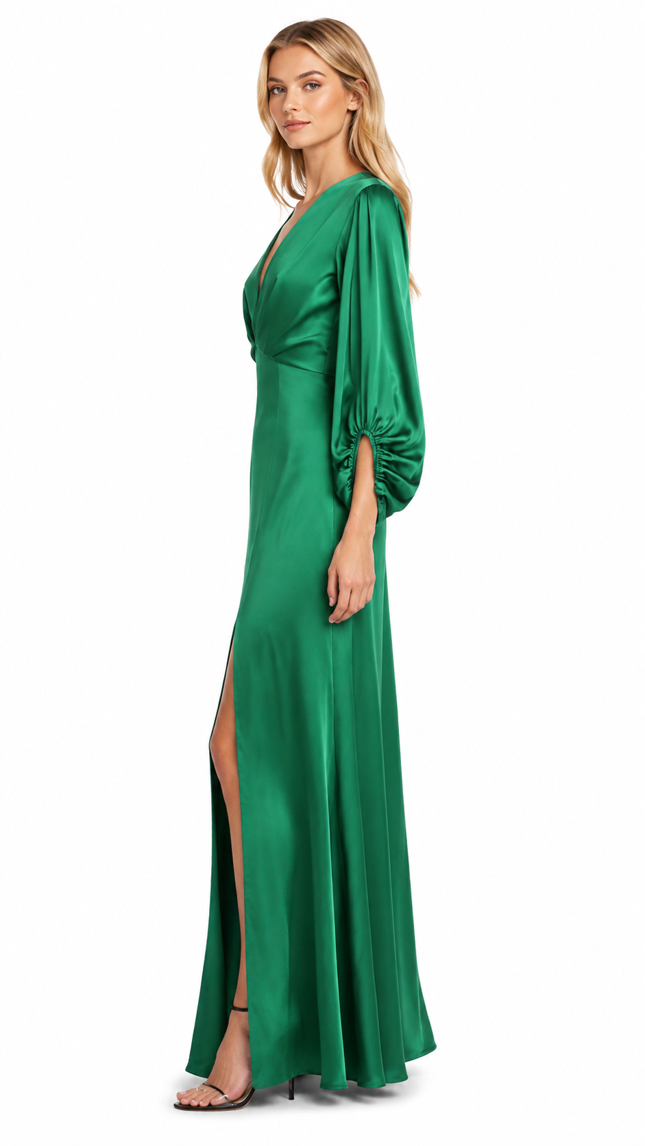 Emerald Satin Ruched Sleeve Evening Dress – EVARÉNE