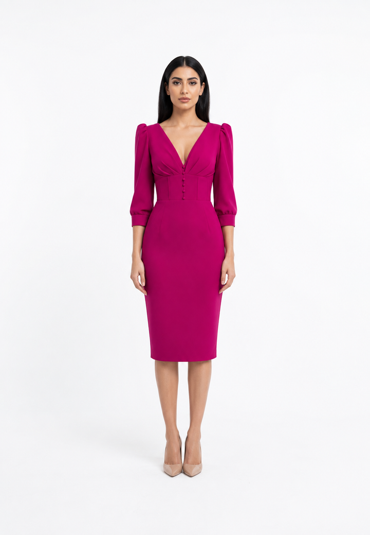 Fuchsia V-Neck Corset Midi Dress – MIREVÉ
