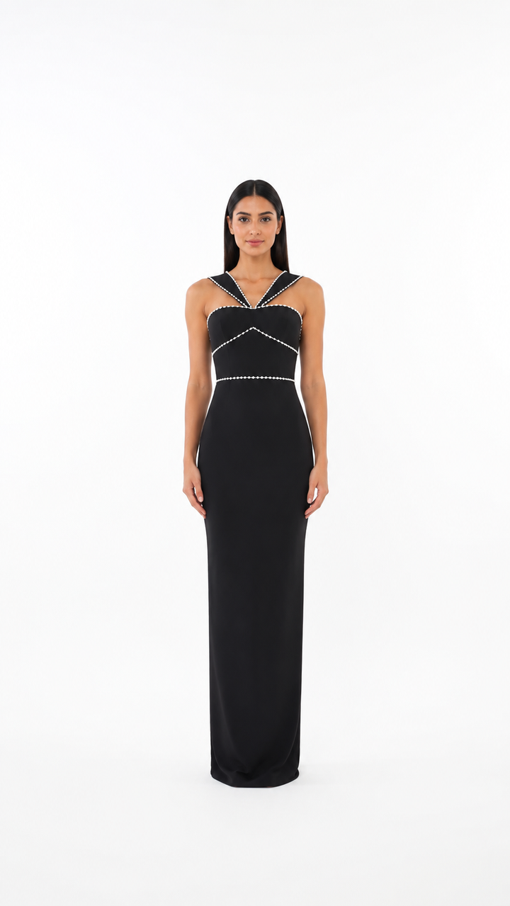 Black Pearl Trim Cutout Evening Dress – LORVÉNA