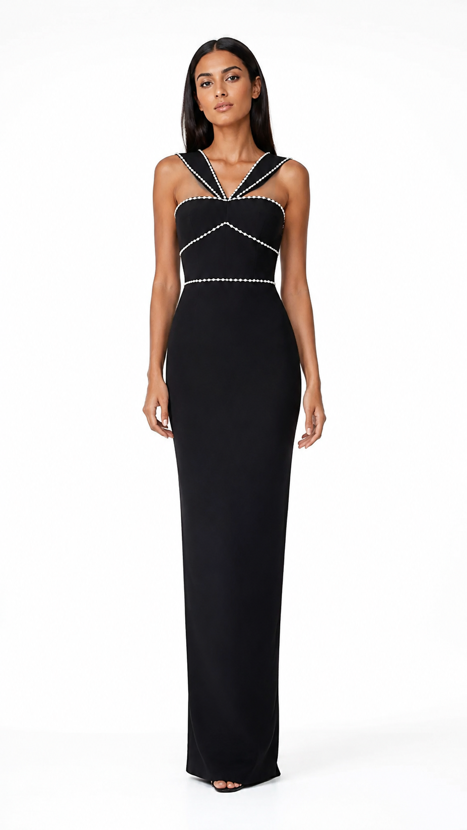 Black Pearl Trim Cutout Evening Dress – LORVÉNA