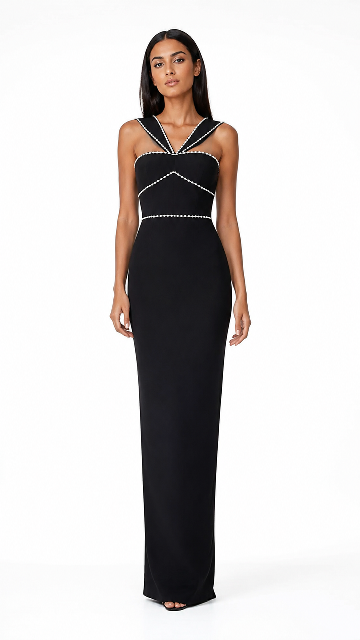 Black Pearl Trim Cutout Evening Dress – LORVÉNA