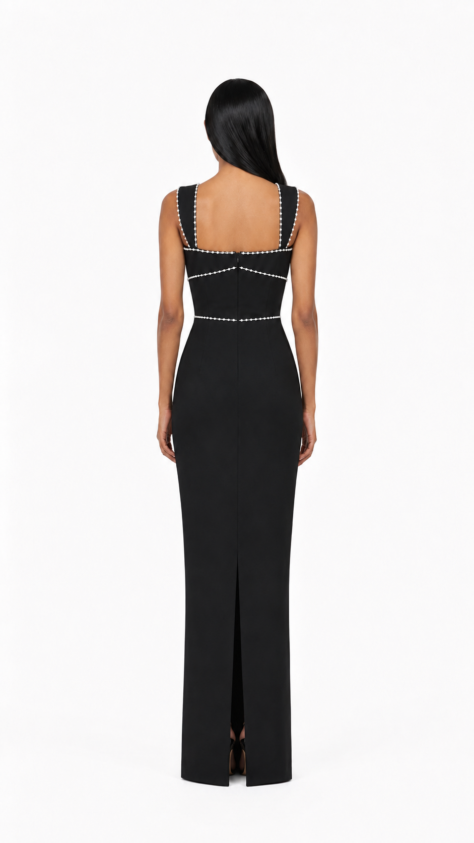 Black Pearl Trim Cutout Evening Dress – LORVÉNA