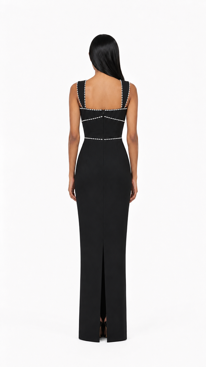 Black Pearl Trim Cutout Evening Dress – LORVÉNA