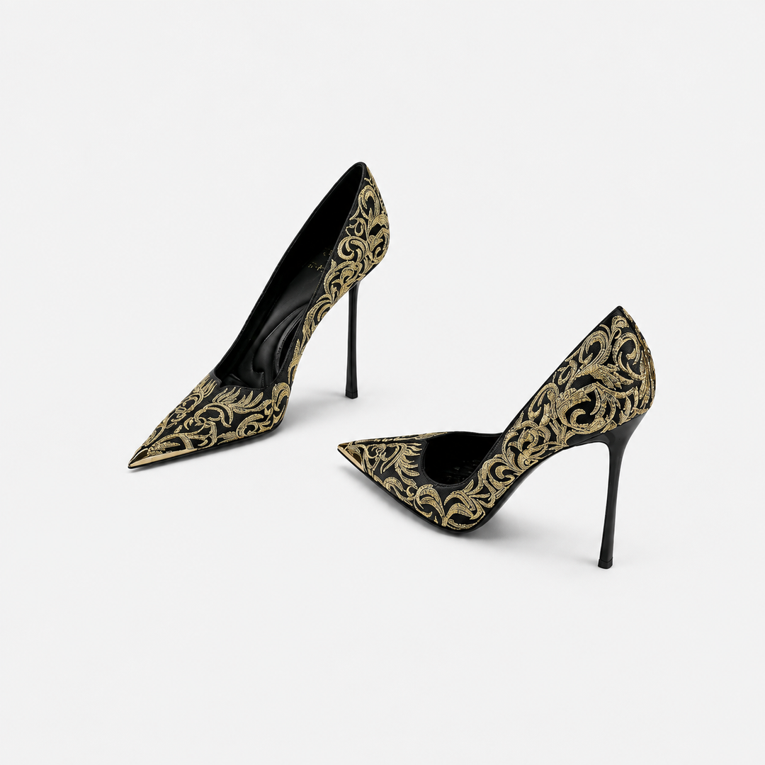 Black & Gold Embroidered Pointed Toe Heels – AURÉVIA