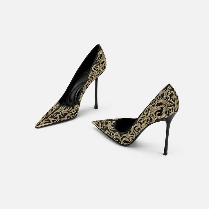 Black & Gold Embroidered Pointed Toe Heels – AURÉVIA