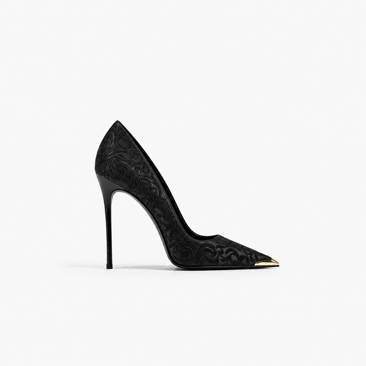 Black & Gold Embroidered Pointed Toe Heels – AURÉVIA