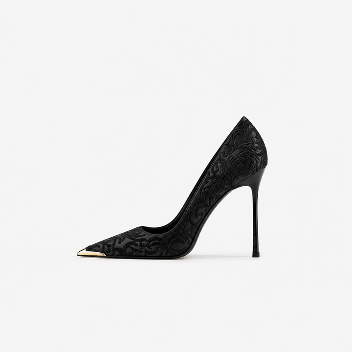 Black & Gold Embroidered Pointed Toe Heels – AURÉVIA
