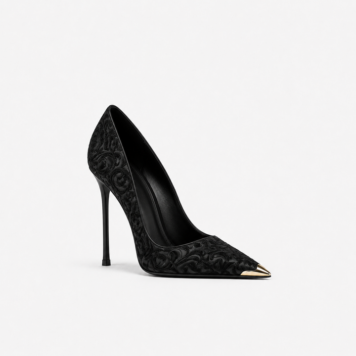 Black & Gold Embroidered Pointed Toe Heels – AURÉVIA