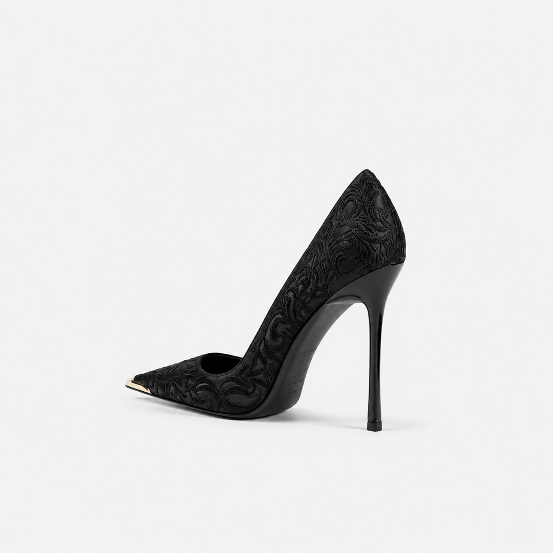 Black & Gold Embroidered Pointed Toe Heels – AURÉVIA