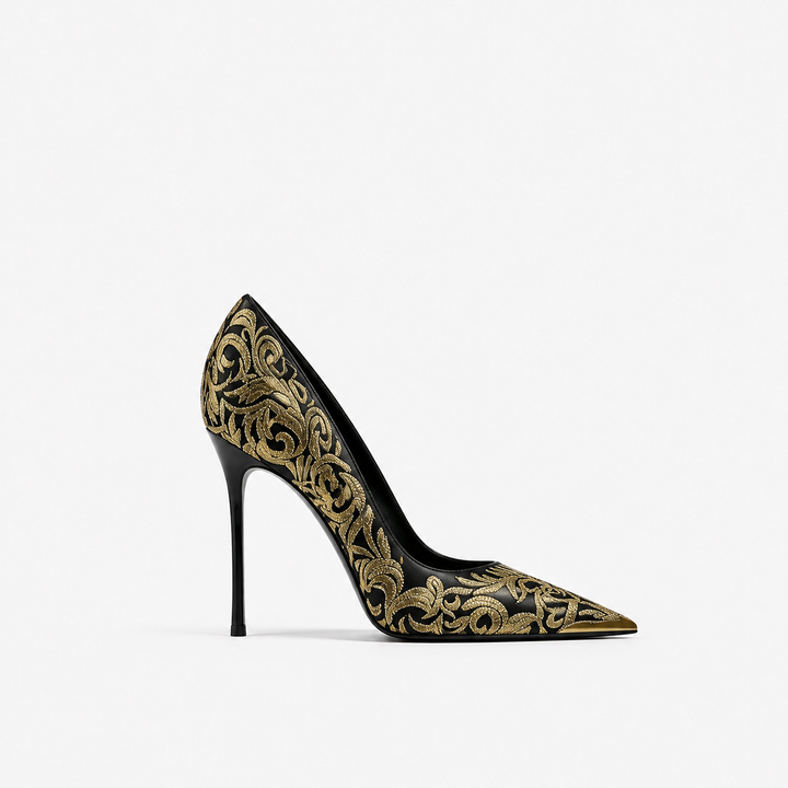Black & Gold Embroidered Pointed Toe Heels – AURÉVIA