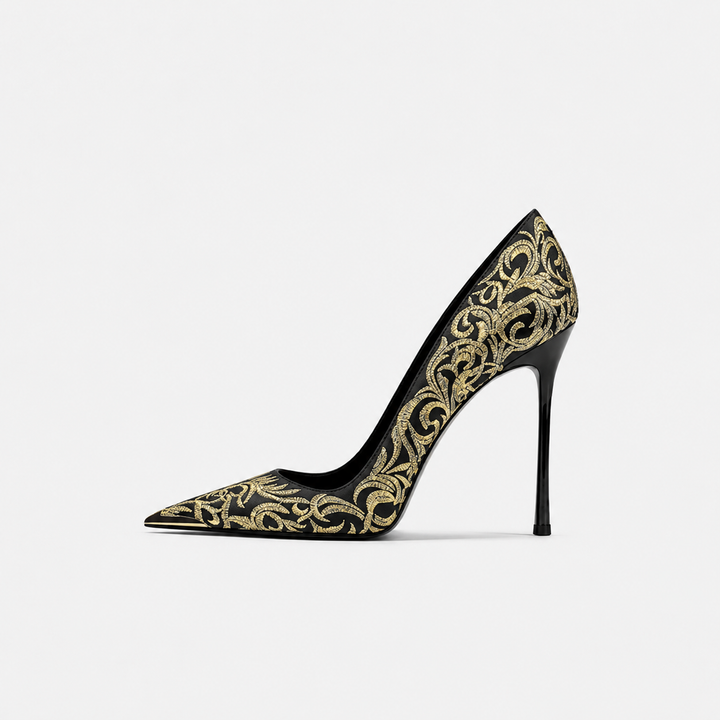 Black & Gold Embroidered Pointed Toe Heels – AURÉVIA