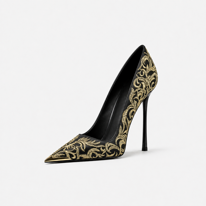 Black & Gold Embroidered Pointed Toe Heels – AURÉVIA