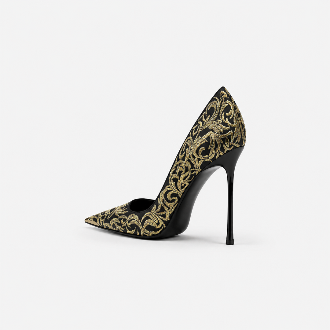 Black & Gold Embroidered Pointed Toe Heels – AURÉVIA