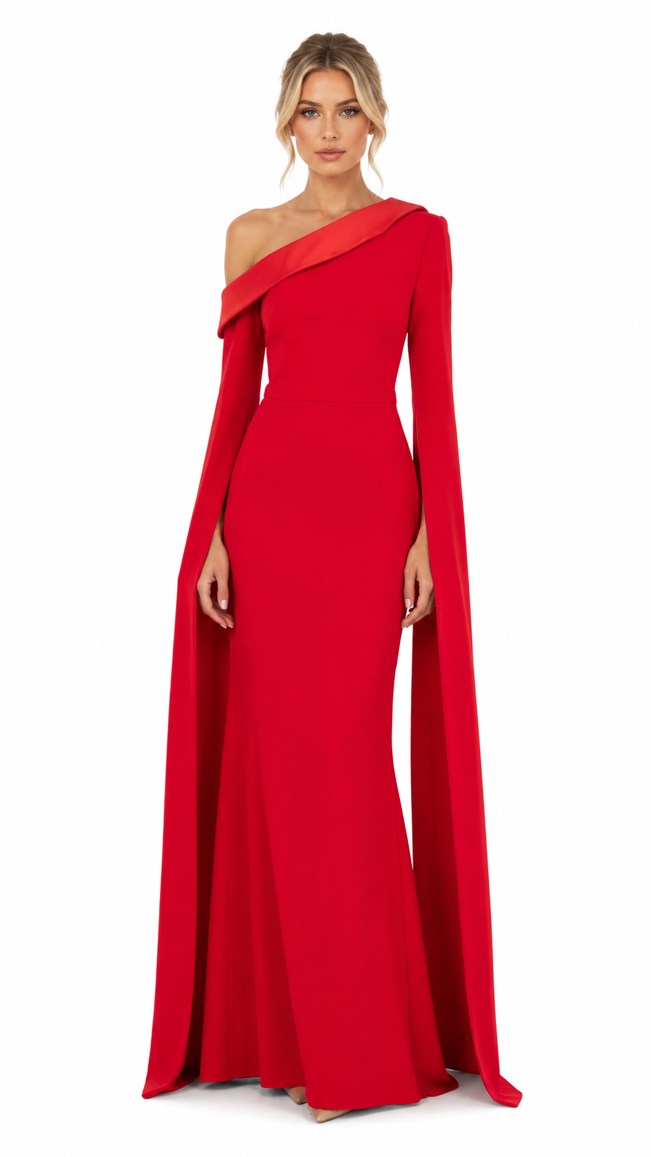 Red One-Shoulder Cape Evening Dress – SOREVIA