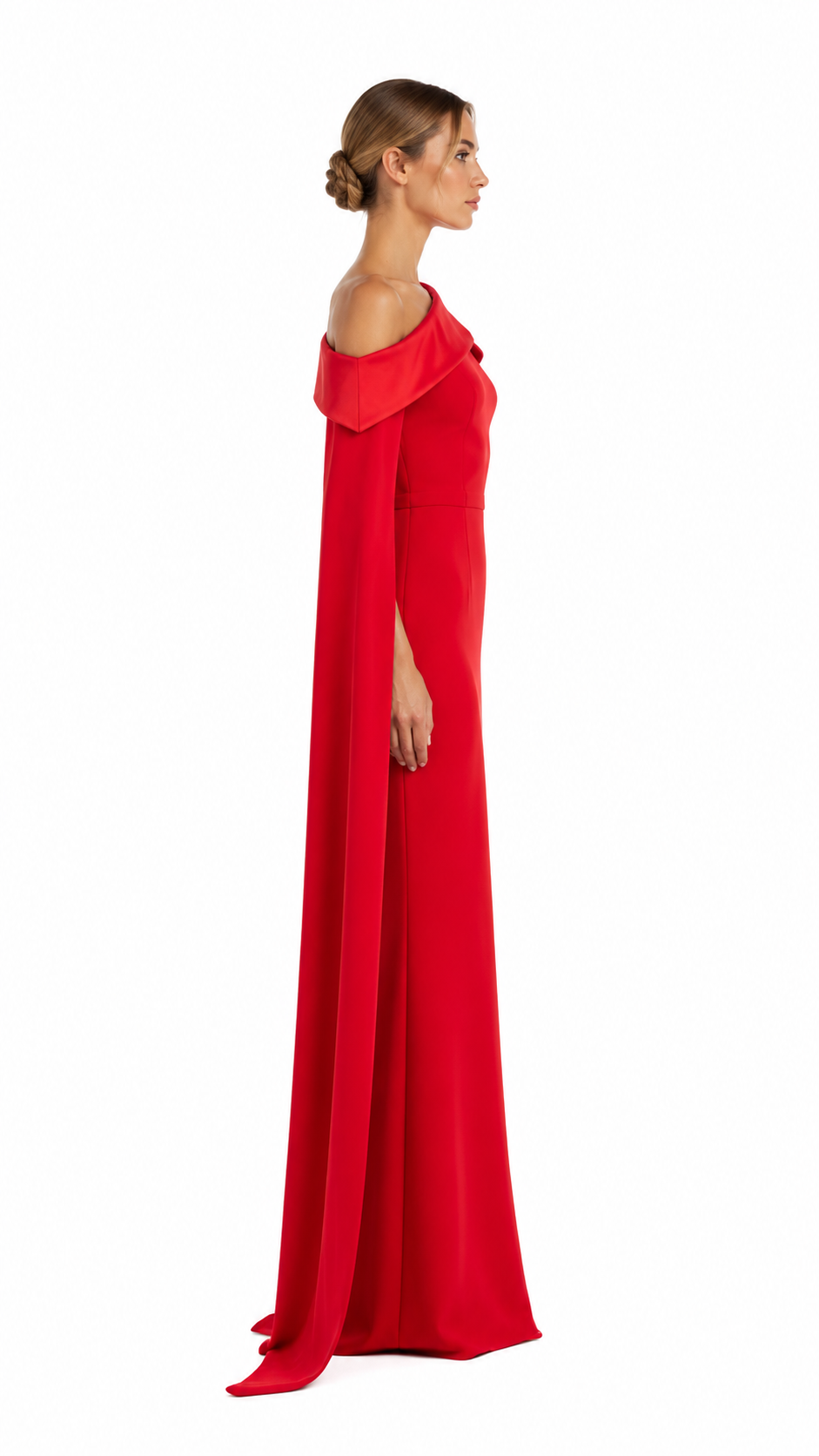 Red One-Shoulder Cape Evening Dress – SOREVIA