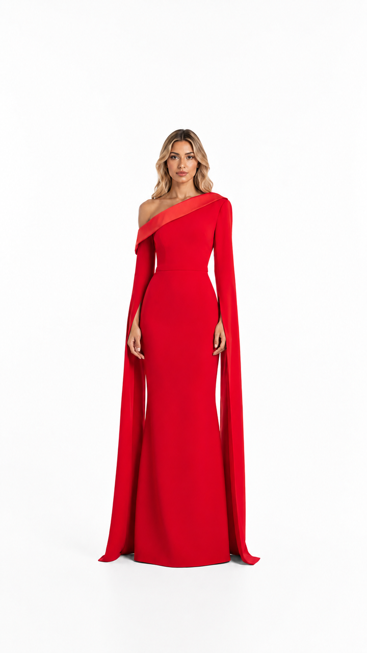 Red One-Shoulder Cape Evening Dress – SOREVIA