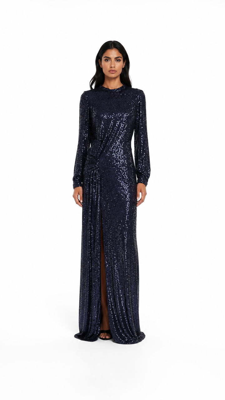 Navy Sequin Ruched Evening Dress – NOREVIA
