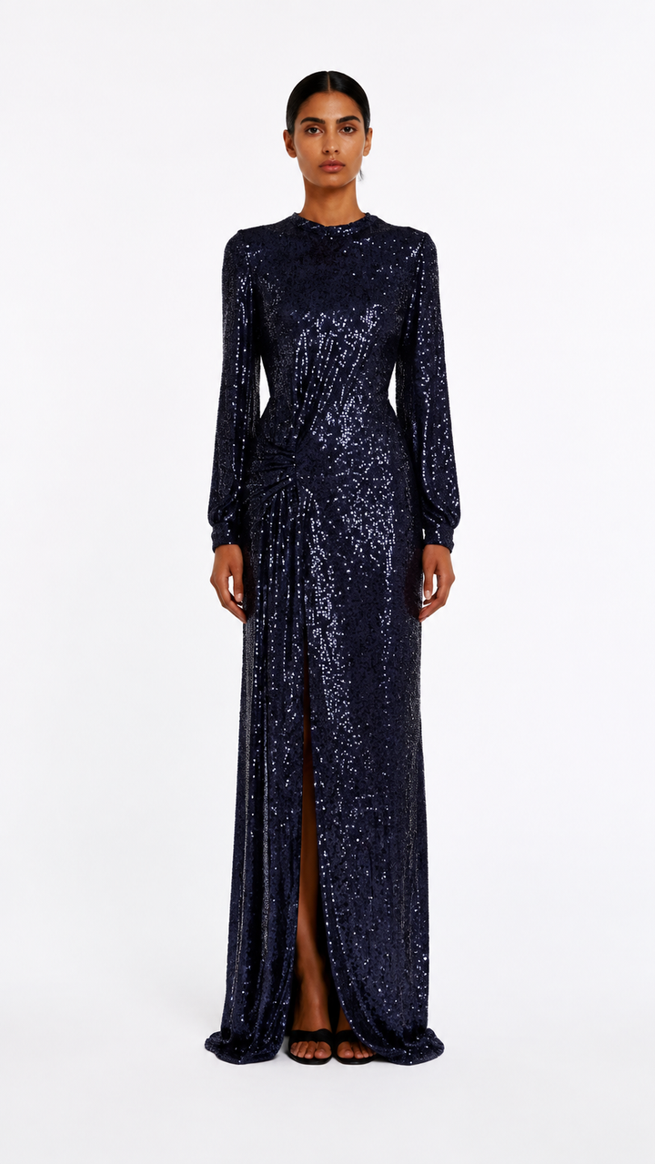 Navy Sequin Ruched Evening Dress – NOREVIA