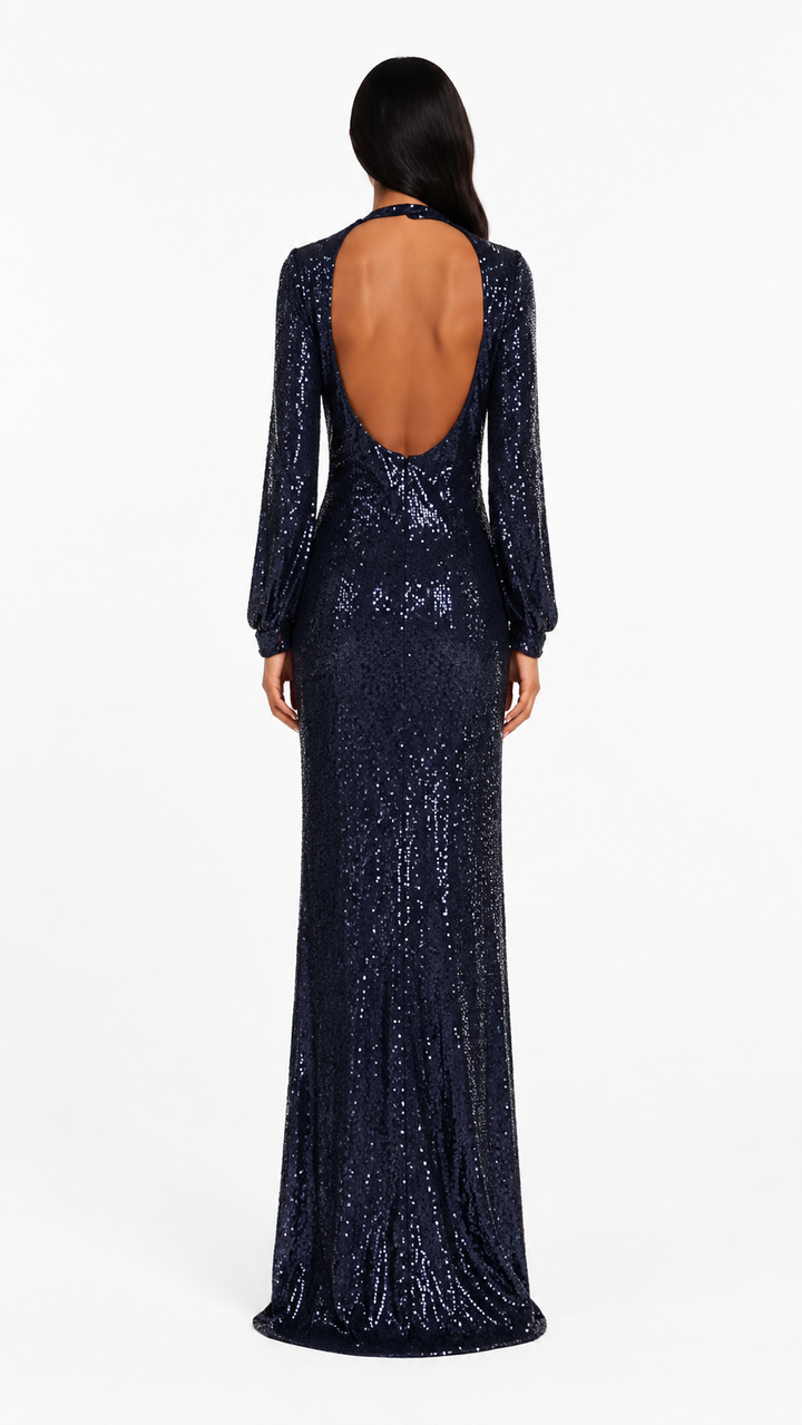 Navy Sequin Ruched Evening Dress – NOREVIA