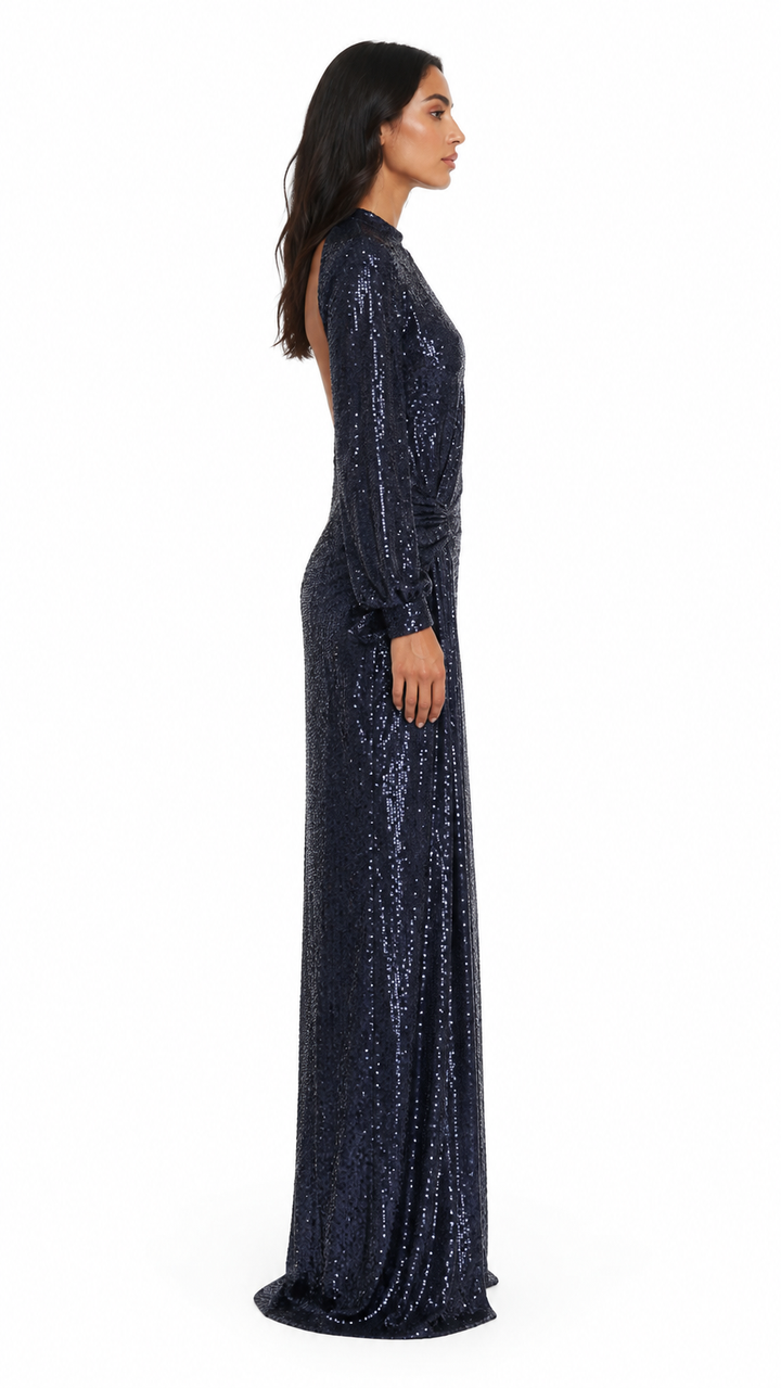 Navy Sequin Ruched Evening Dress – NOREVIA