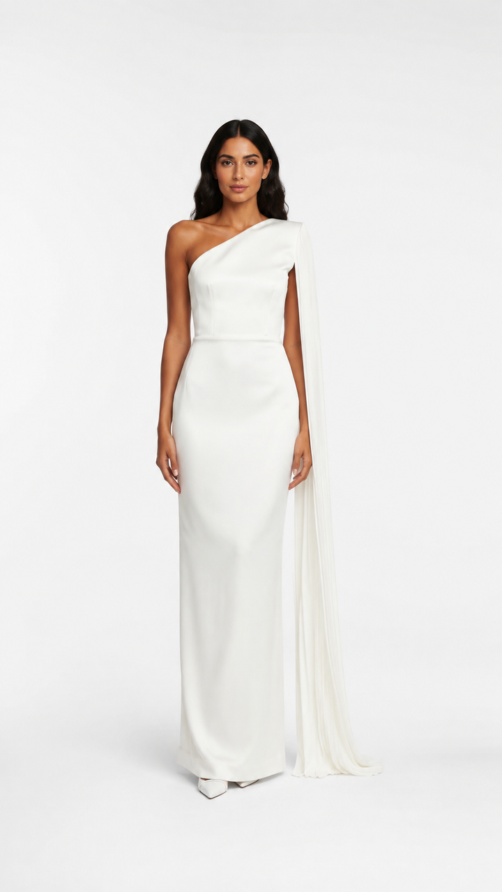 Ivory One-Shoulder Draped Cape Evening Dress – ALVÉRIA