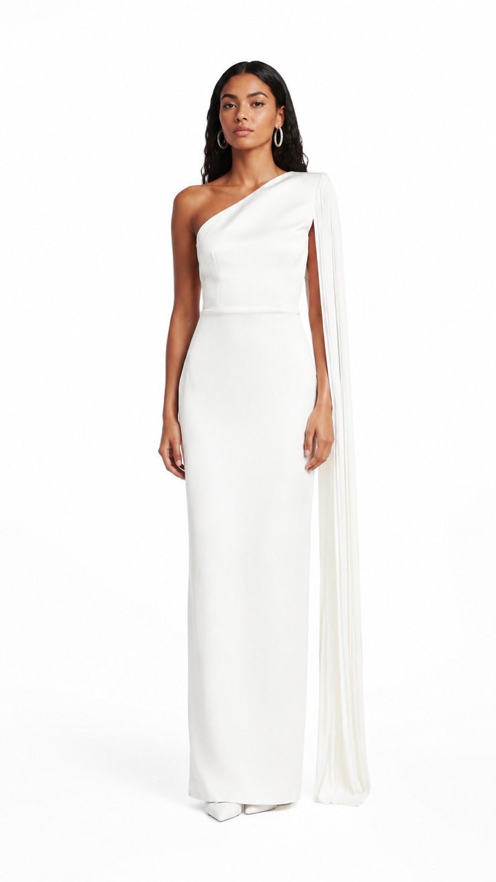 Ivory One-Shoulder Draped Cape Evening Dress – ALVÉRIA