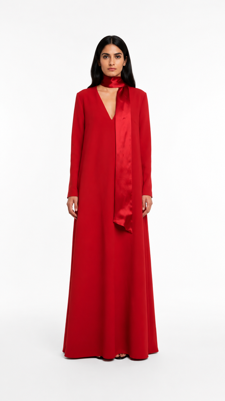 Red Scarf Neck Flowy Evening Dress – SAVÉLLE