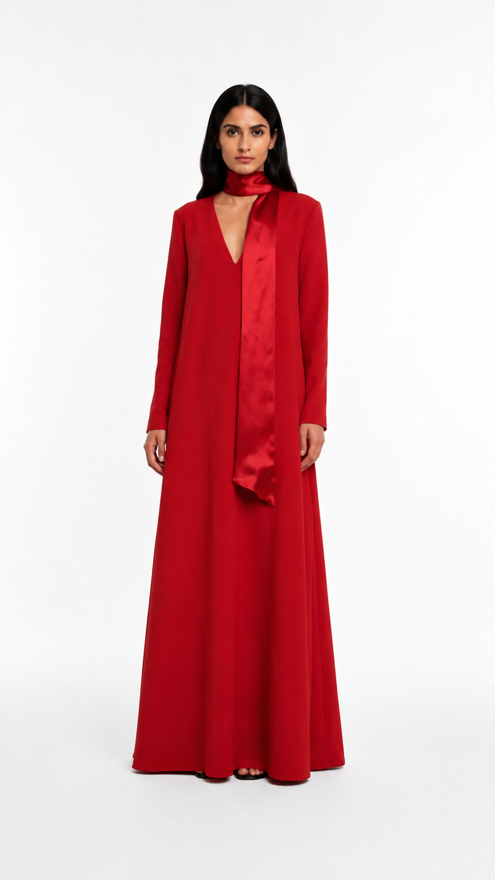 Red Scarf Neck Flowy Evening Dress – SAVÉLLE