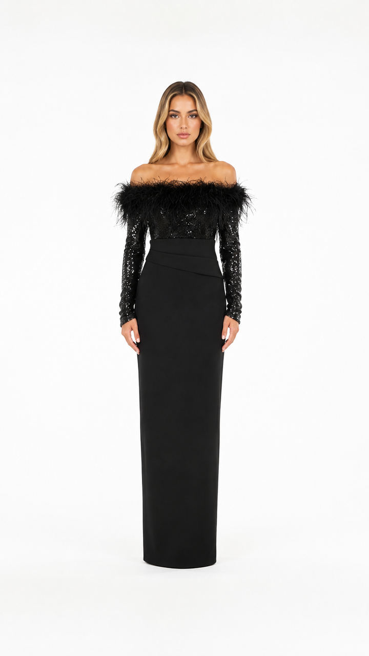 Black Feather Off-Shoulder Evening Dress – FEVORA