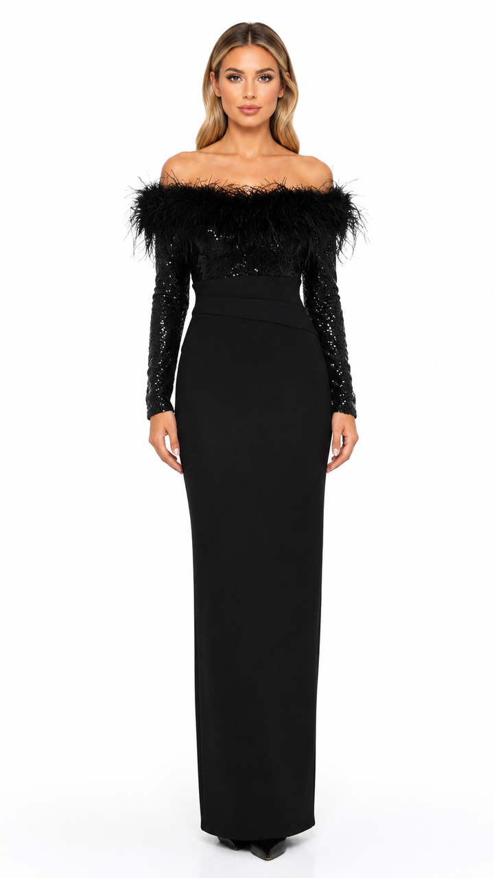 Black Feather Off-Shoulder Evening Dress – FEVORA