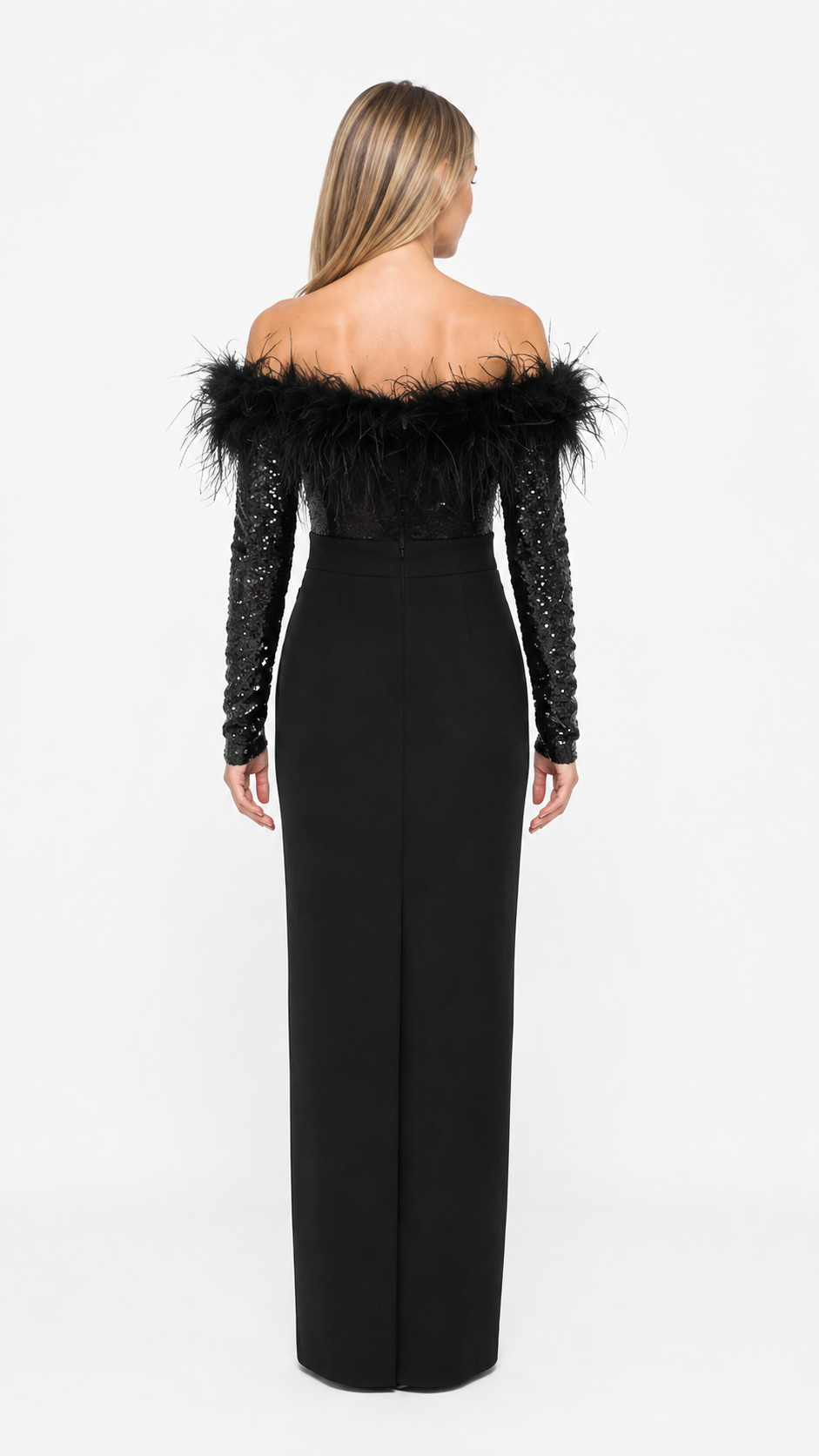 Black Feather Off-Shoulder Evening Dress – FEVORA
