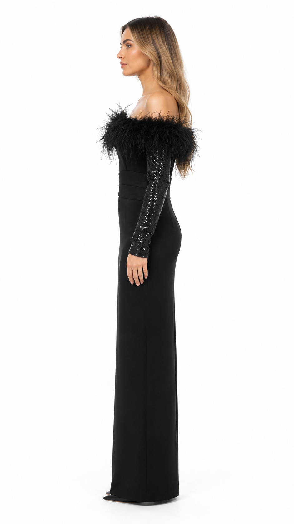 Black Feather Off-Shoulder Evening Dress – FEVORA