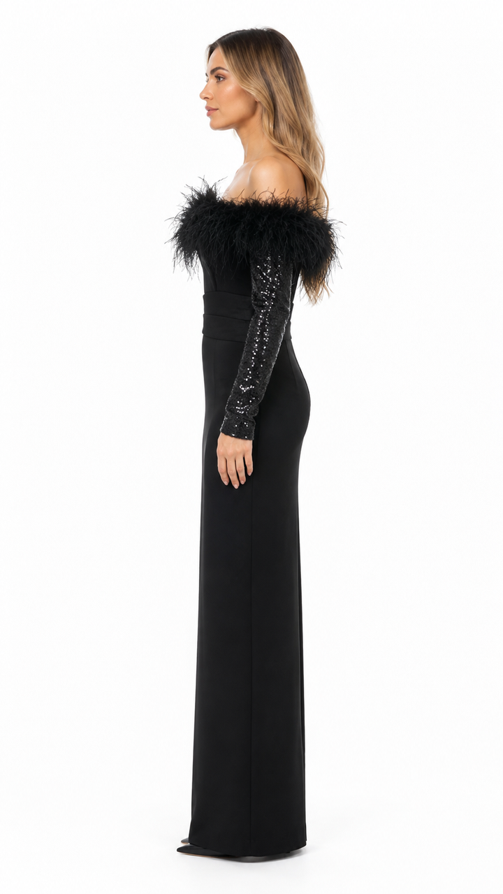Black Feather Off-Shoulder Evening Dress – FEVORA