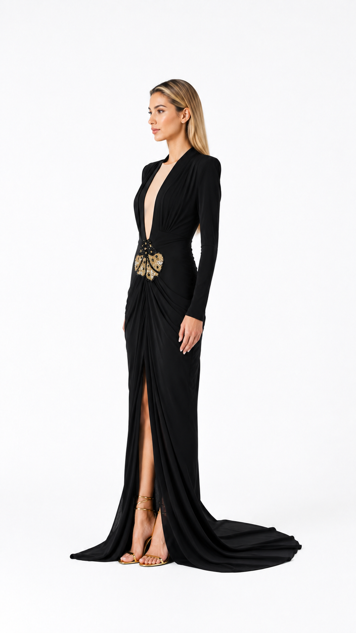 Black Embellished Plunge Neck Draped Evening Dress – AURELIS
