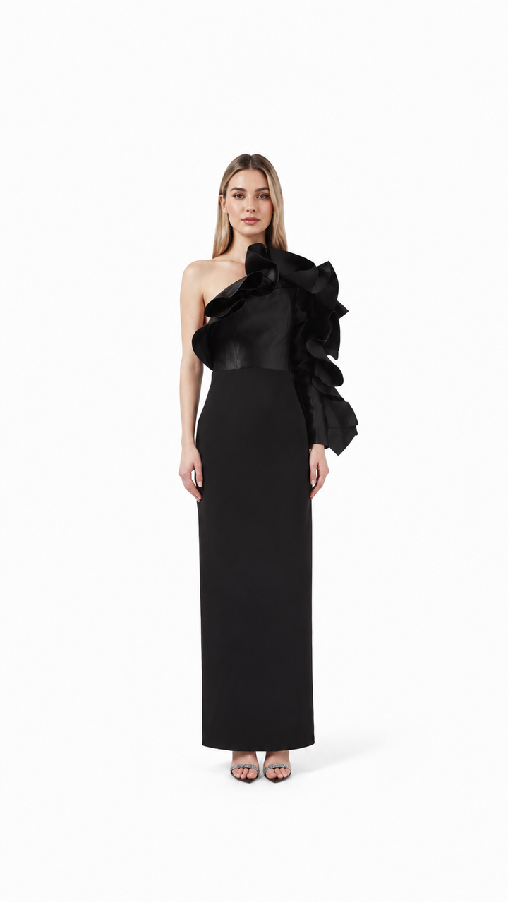 Black One-Shoulder Ruffle Evening Dress – ZELVÉRA