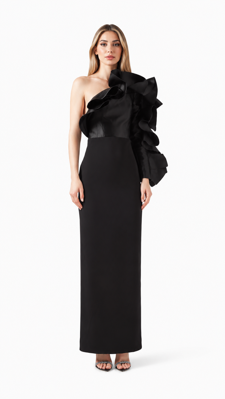 Black One-Shoulder Ruffle Evening Dress – ZELVÉRA
