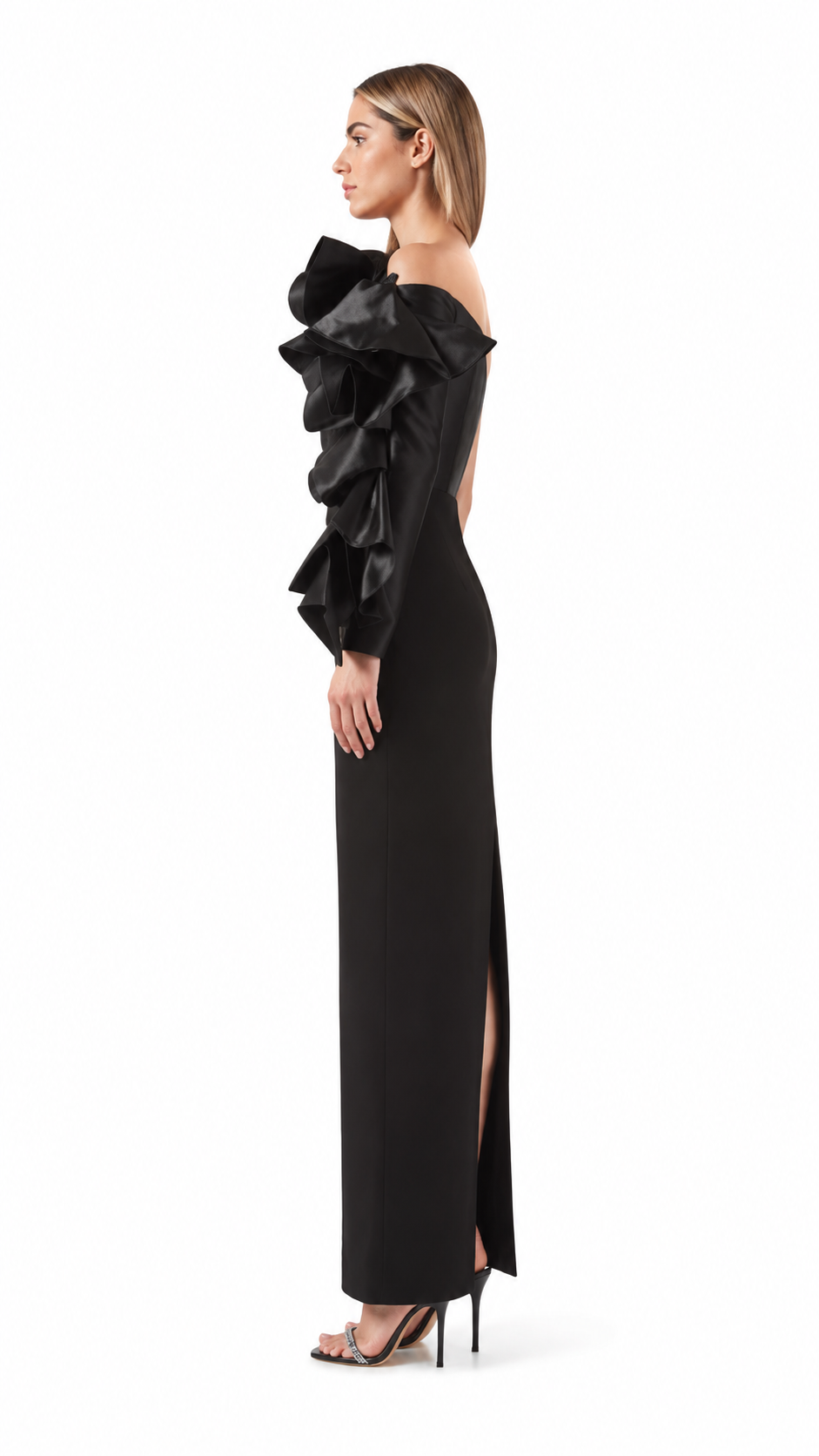 Black One-Shoulder Ruffle Evening Dress – ZELVÉRA