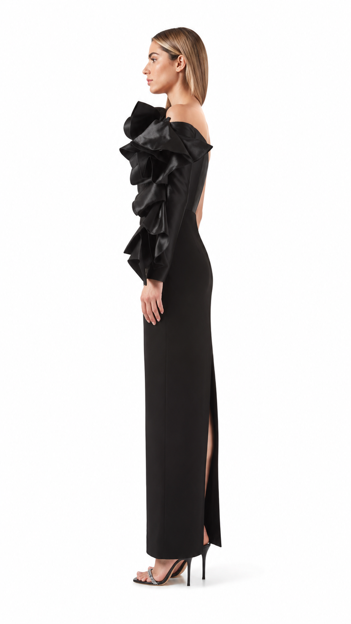 Black One-Shoulder Ruffle Evening Dress – ZELVÉRA