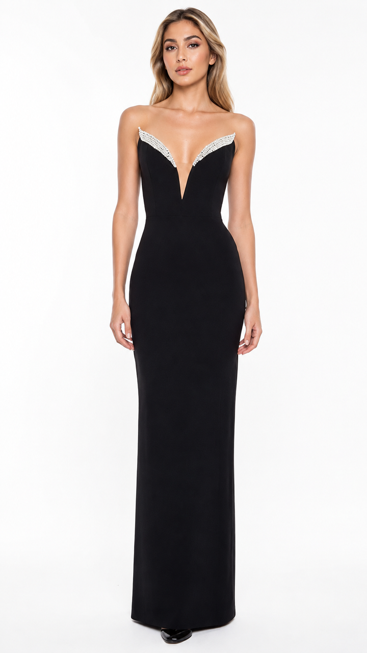 Black Crystal Trim Strapless Evening Dress – CELVÉRA