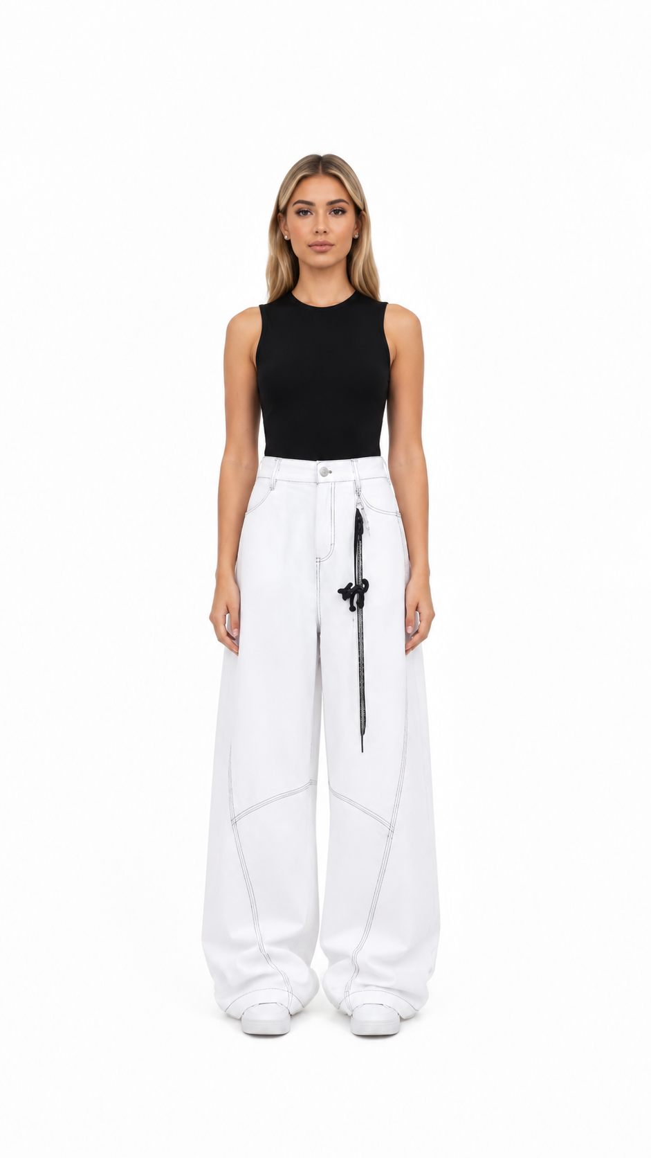 White Contrast Stitch Wide-Leg Jeans – NOVARO