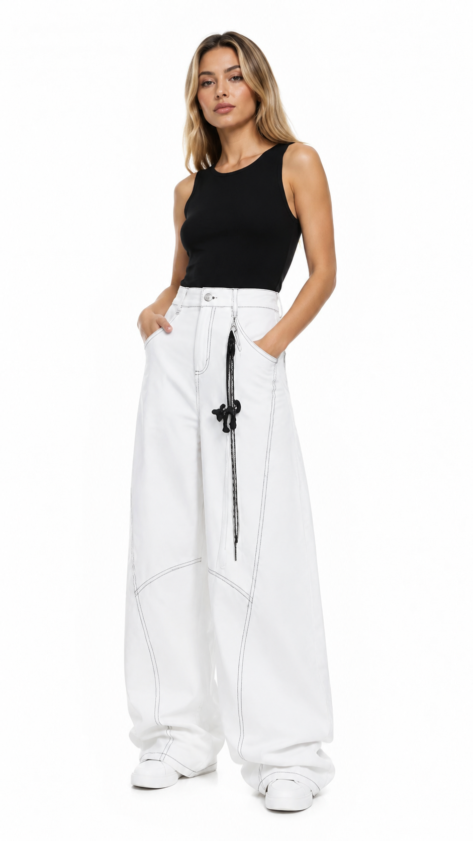 White Contrast Stitch Wide-Leg Jeans – NOVARO