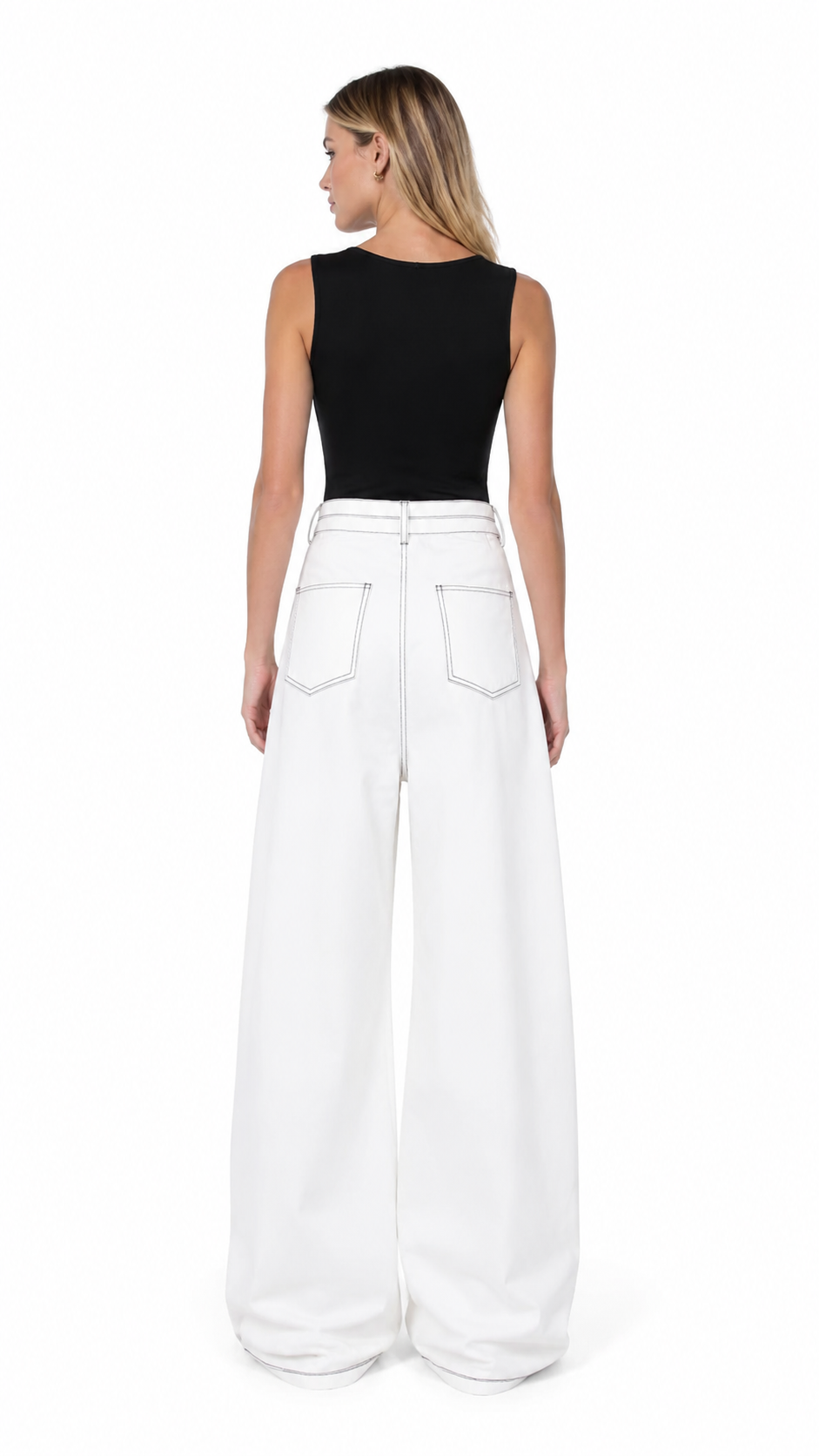 White Contrast Stitch Wide-Leg Jeans – NOVARO