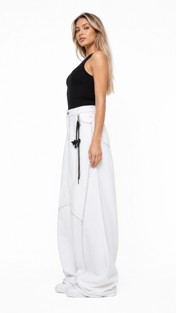 White Contrast Stitch Wide-Leg Jeans – NOVARO