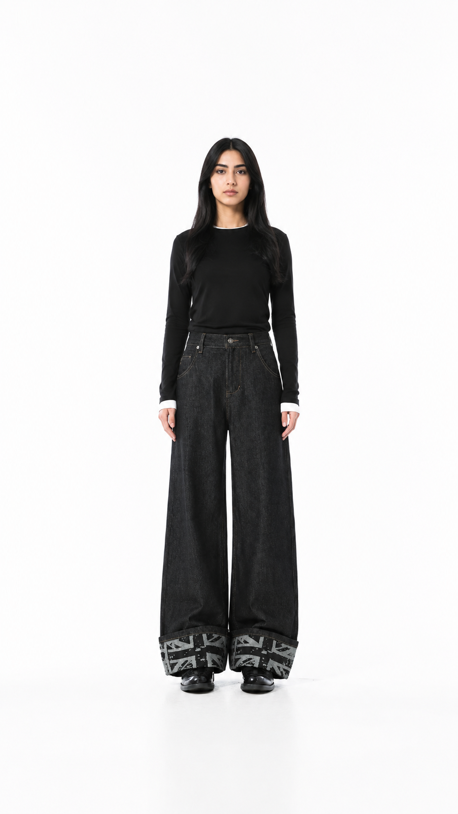 Black Wide-Leg Cuffed Denim Jeans – DREVEN