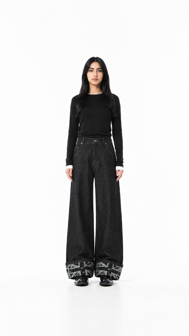 Black Wide-Leg Cuffed Denim Jeans – DREVEN