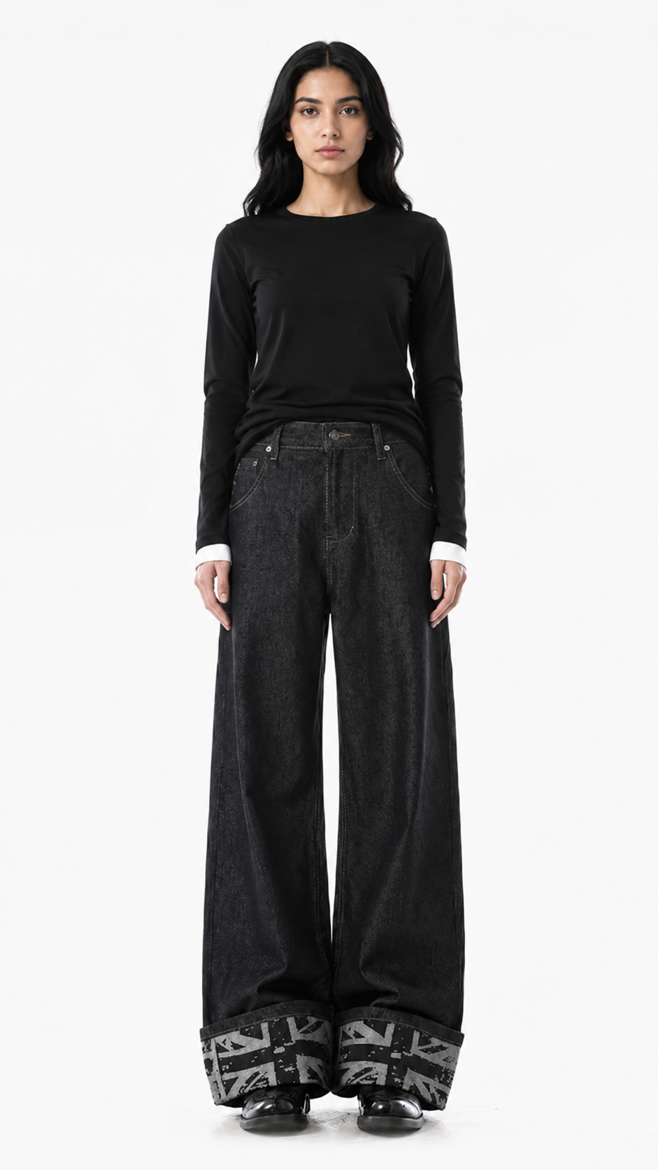 Black Wide-Leg Cuffed Denim Jeans – DREVEN