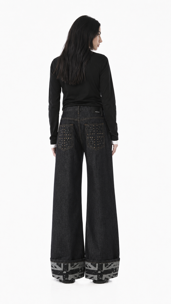 Black Wide-Leg Cuffed Denim Jeans – DREVEN