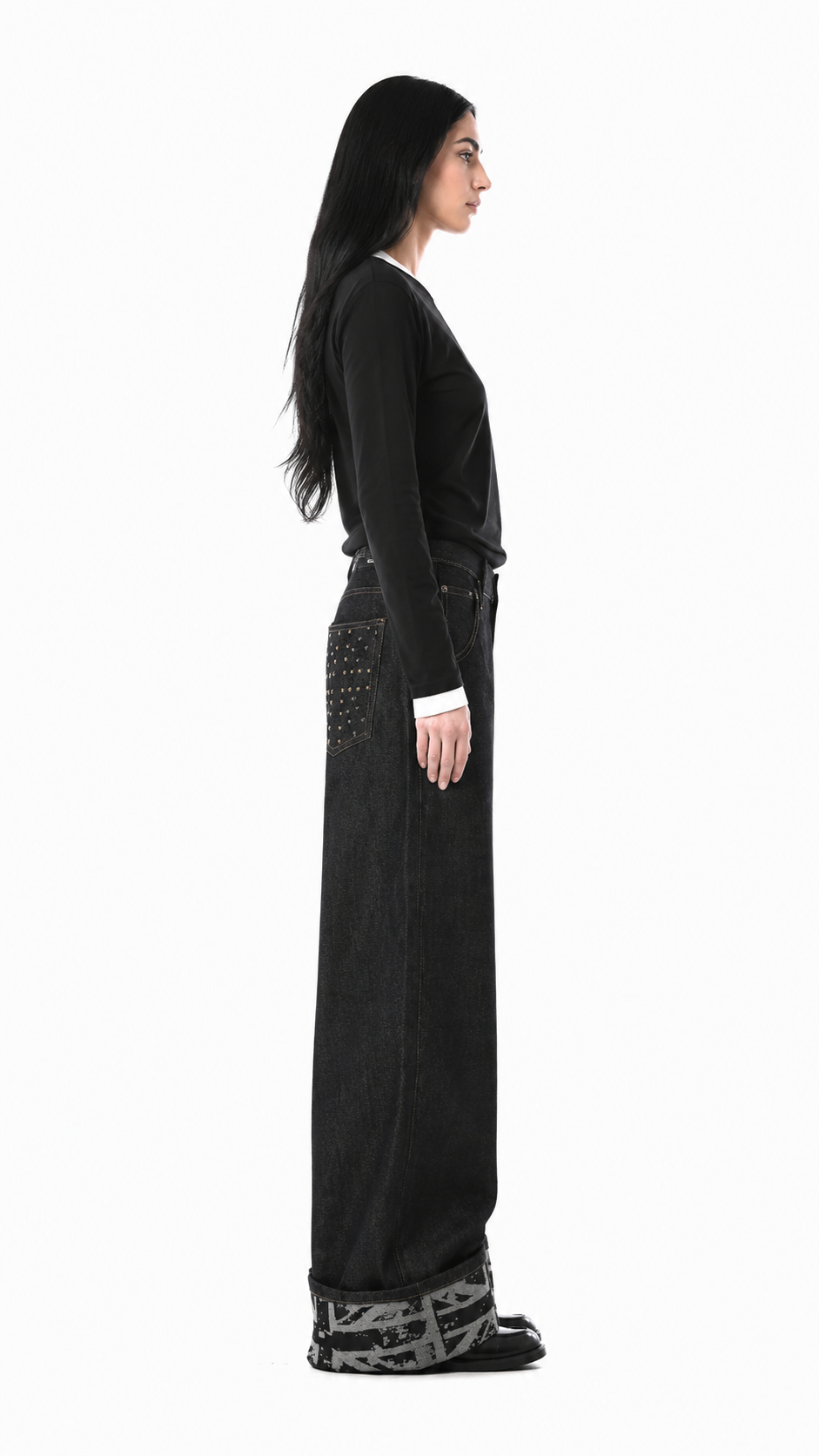 Black Wide-Leg Cuffed Denim Jeans – DREVEN